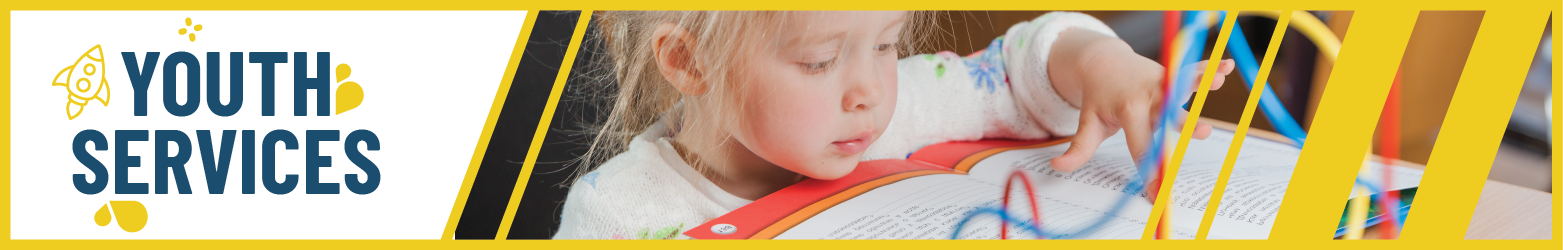 Youth Services header showing young girl reading