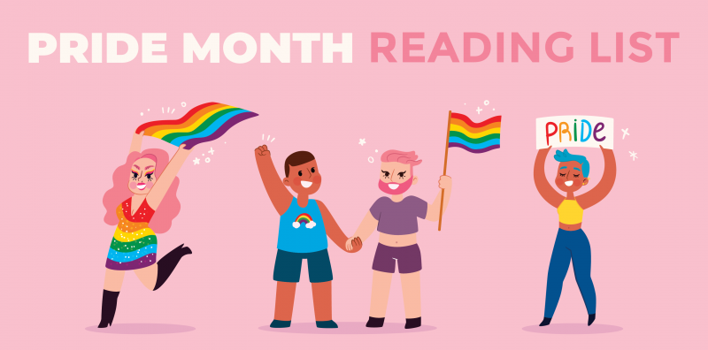 Pride Month Reading List graphic banner depicting people waving pride flags
