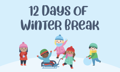 light blue blackground with blue text saying 12 Days of Winter Break, underneath text 5 children playing in the snow 