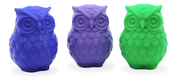 3d Printed owls in blue purple and green