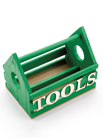 Green wooden toolbox with TOOLS in white letters.