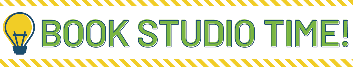Diagonal stripe background with yellow light bulb and words Book Studio Time! in Green