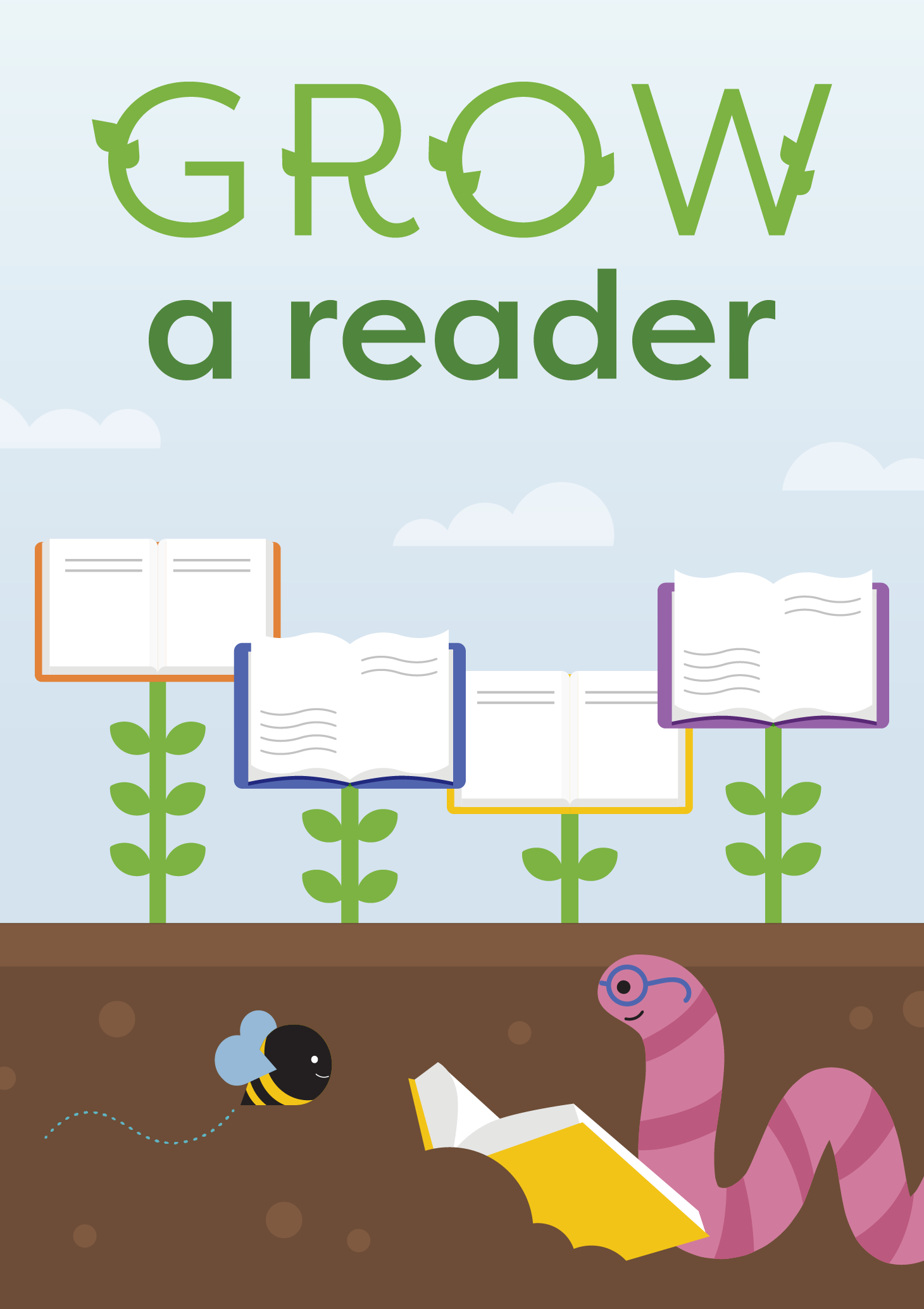 Grow a Reader logo with book plants and a worm reading