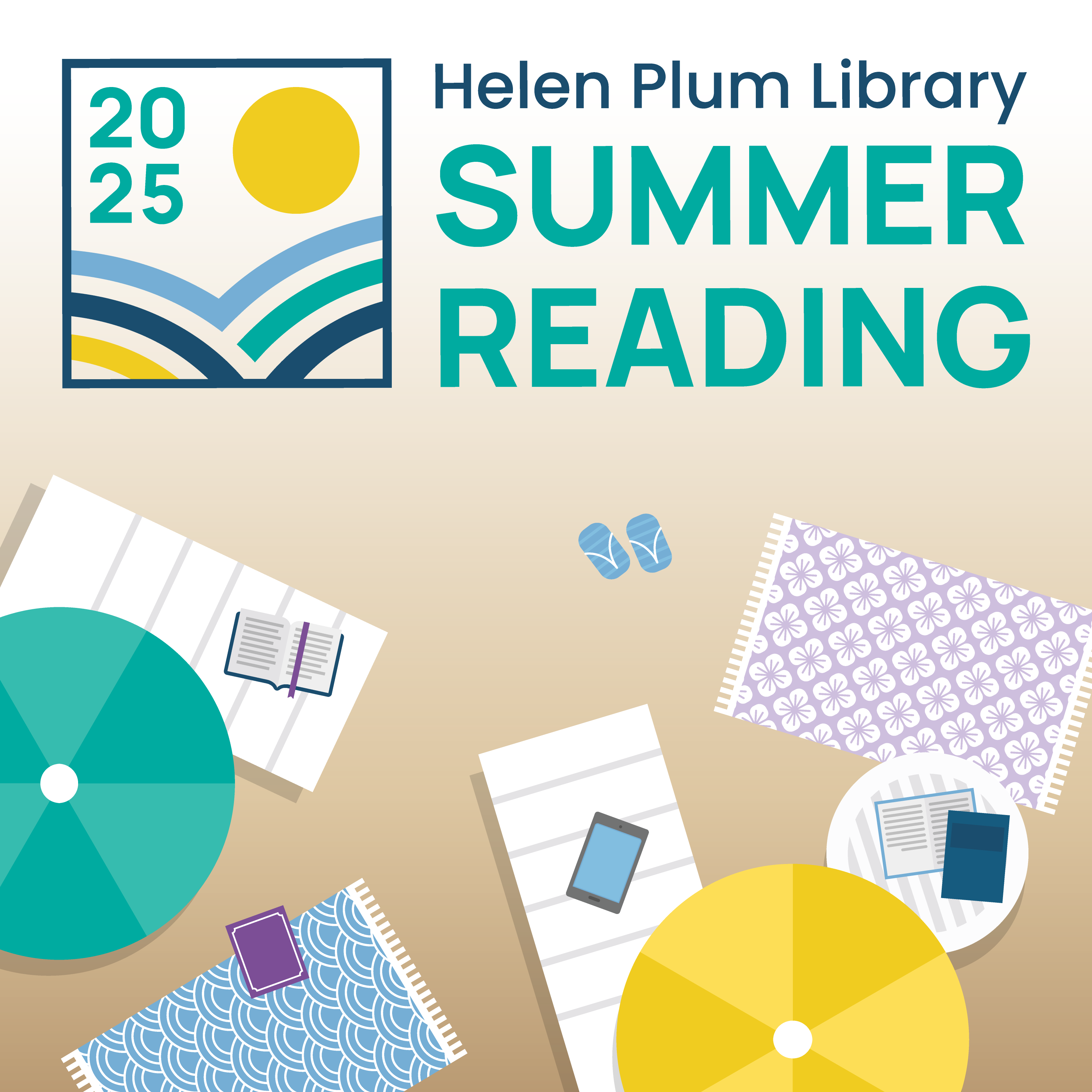 Summer reading beach scene with books on towels and pool chairs