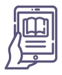 Linework graphic of a hand holding an tablet featuring an eBook