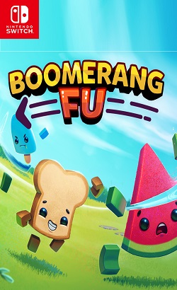 A grassy field with blue sky. A watermelon with a face is running away while being sliced by a boomerang. The watermelon is being chased by a slice of bread and a blue popsicle.