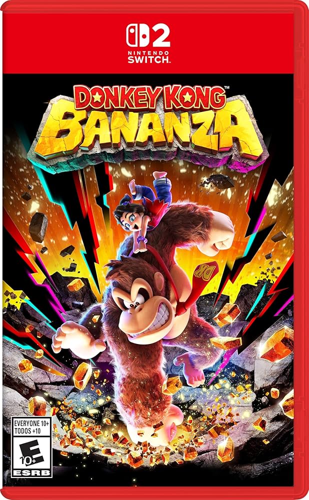 Video game cover of Donkey Kong Bananza featuring Donkey Kong punching down while a young girl hangs on to his fur. 