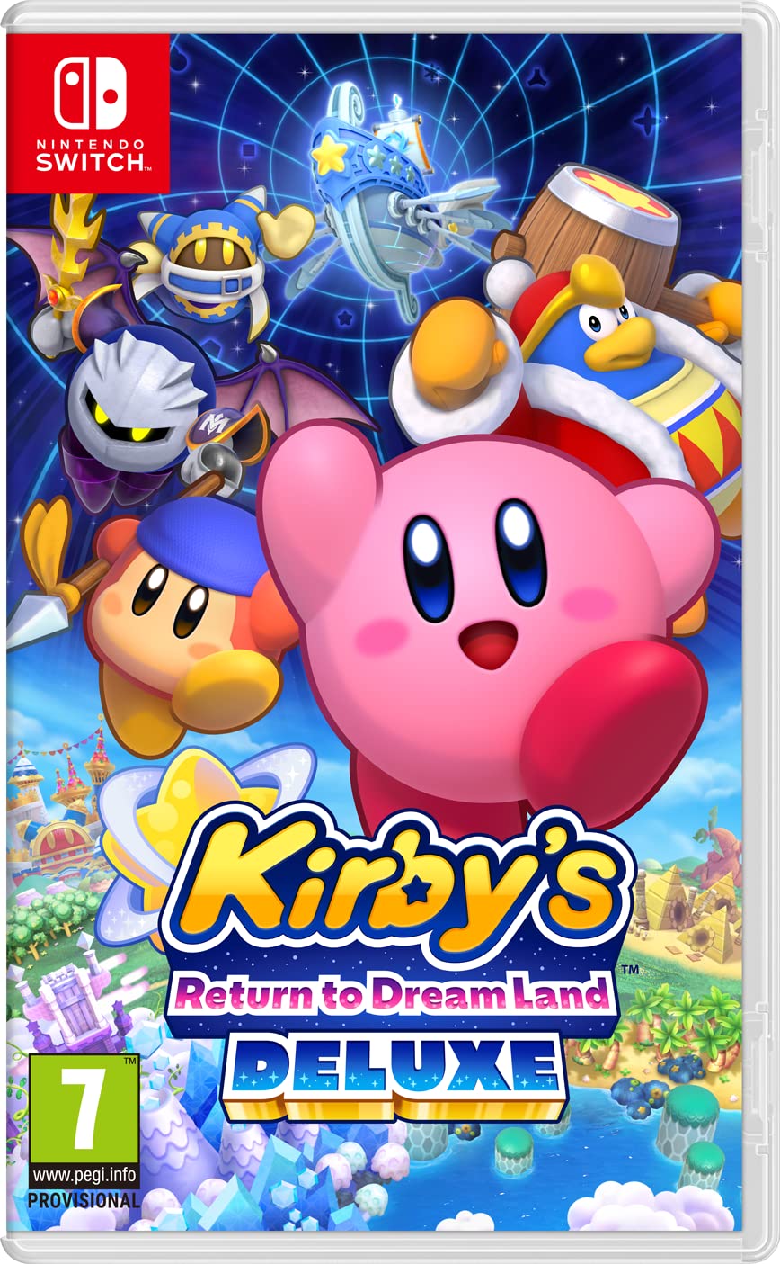 Video game cover of Kirby's Return to Dreamland Deluxe featuring Kirby and friends flying over a magical world.