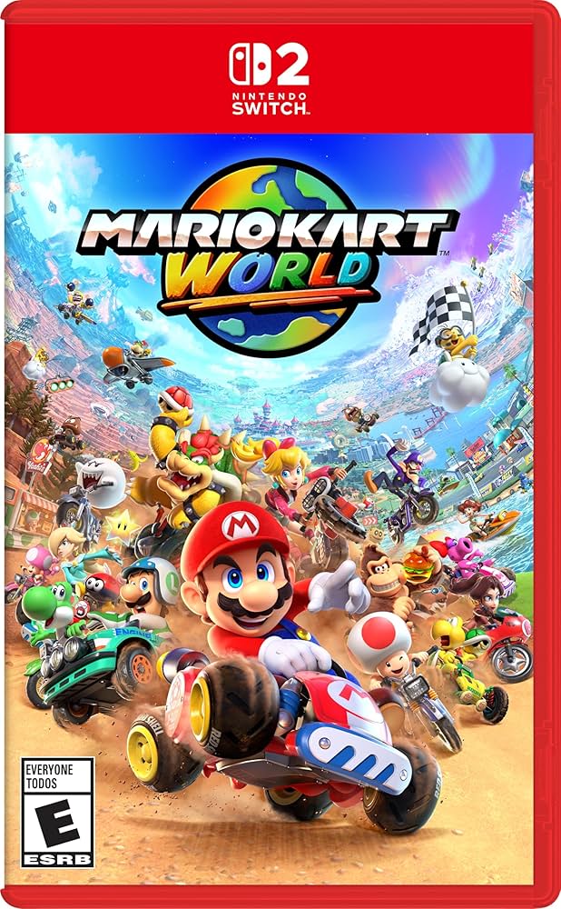 Video game cover of Mario Kart World with various Mario characters driving vehicles.