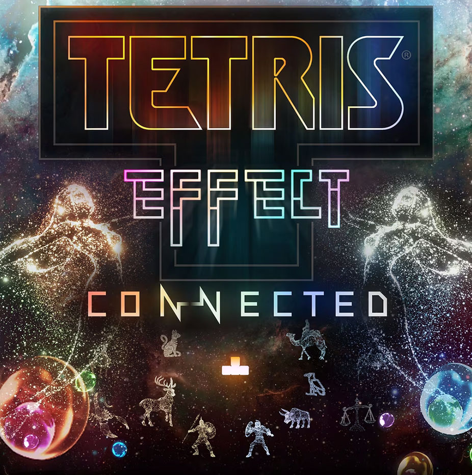 Tetris Effect Connected cover image with stars and dark sky and brightly colored planets