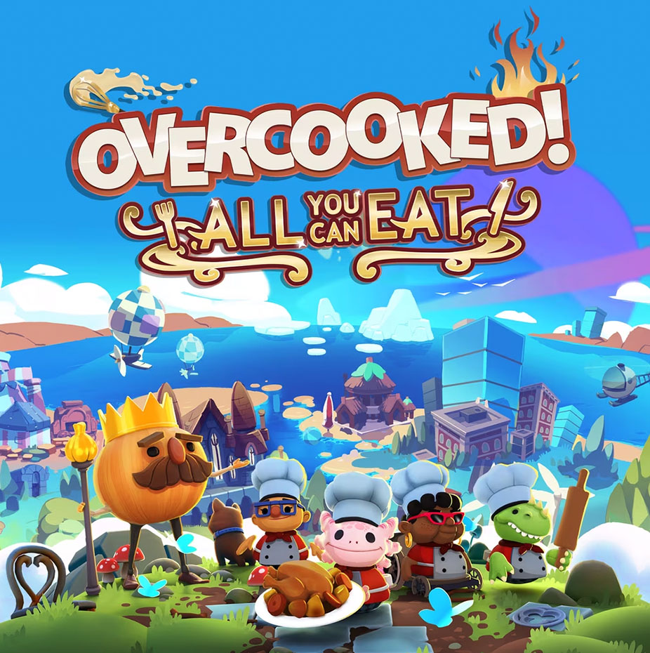 game characters wear chef's hats in the foreground with a blue world backdrop behind them