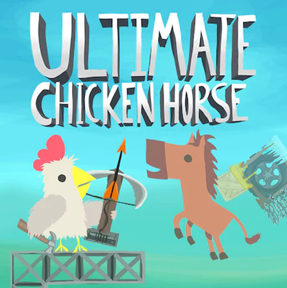 Blocky illustration of a chicken holding a crossbow, facing a brown horse on a blue-green background