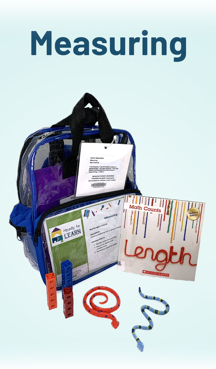 Clear backpack with books and manipulatives around it. 