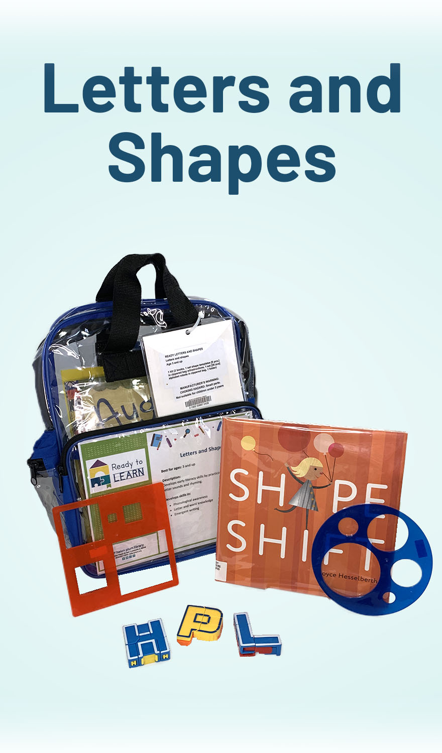 Clear backpack with books and manipulatives around it. 