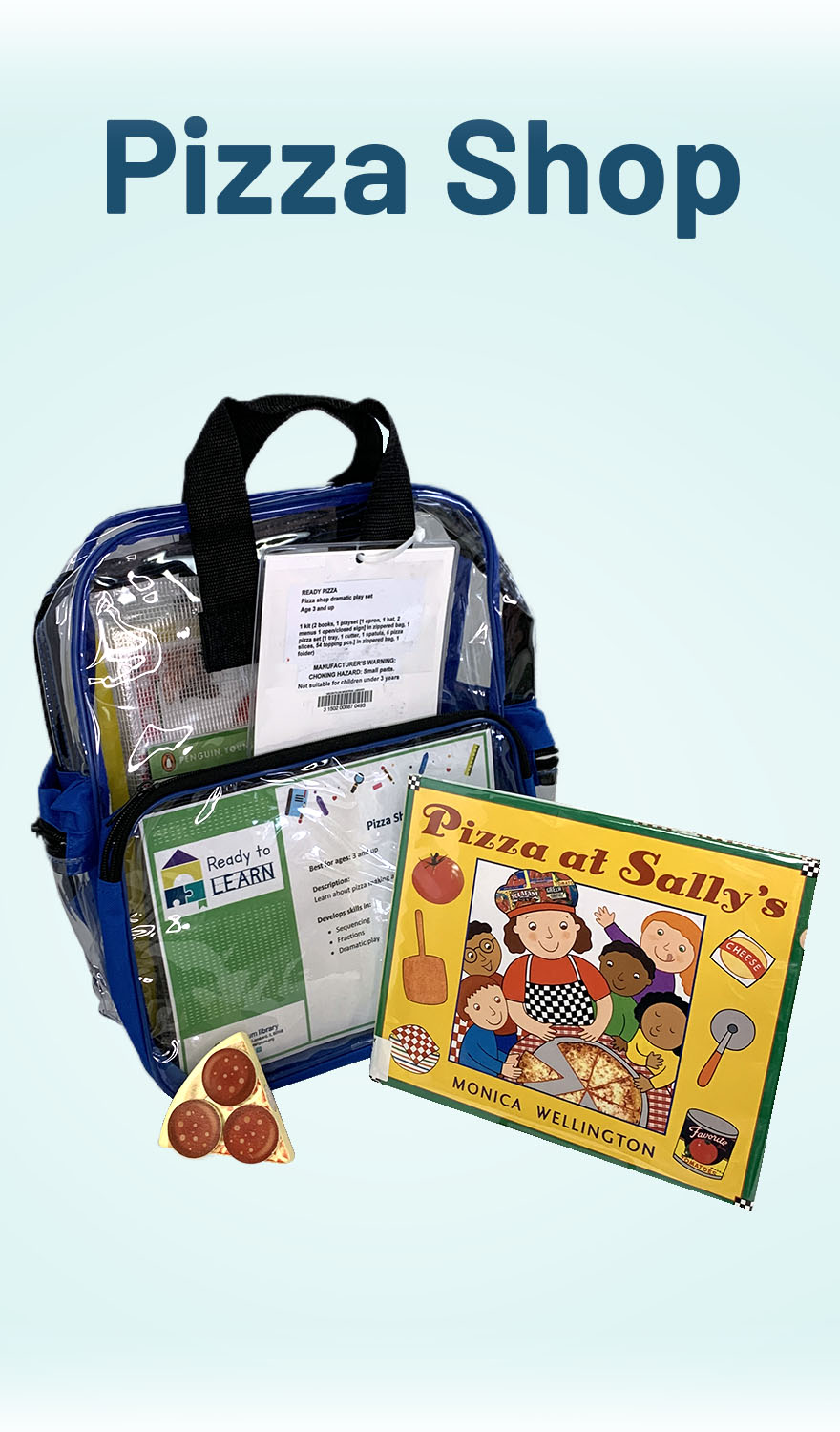 Clear backpack with books and manipulatives around it. 