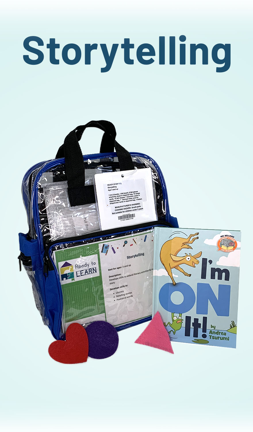 Clear backpack with books and manipulatives around it. 