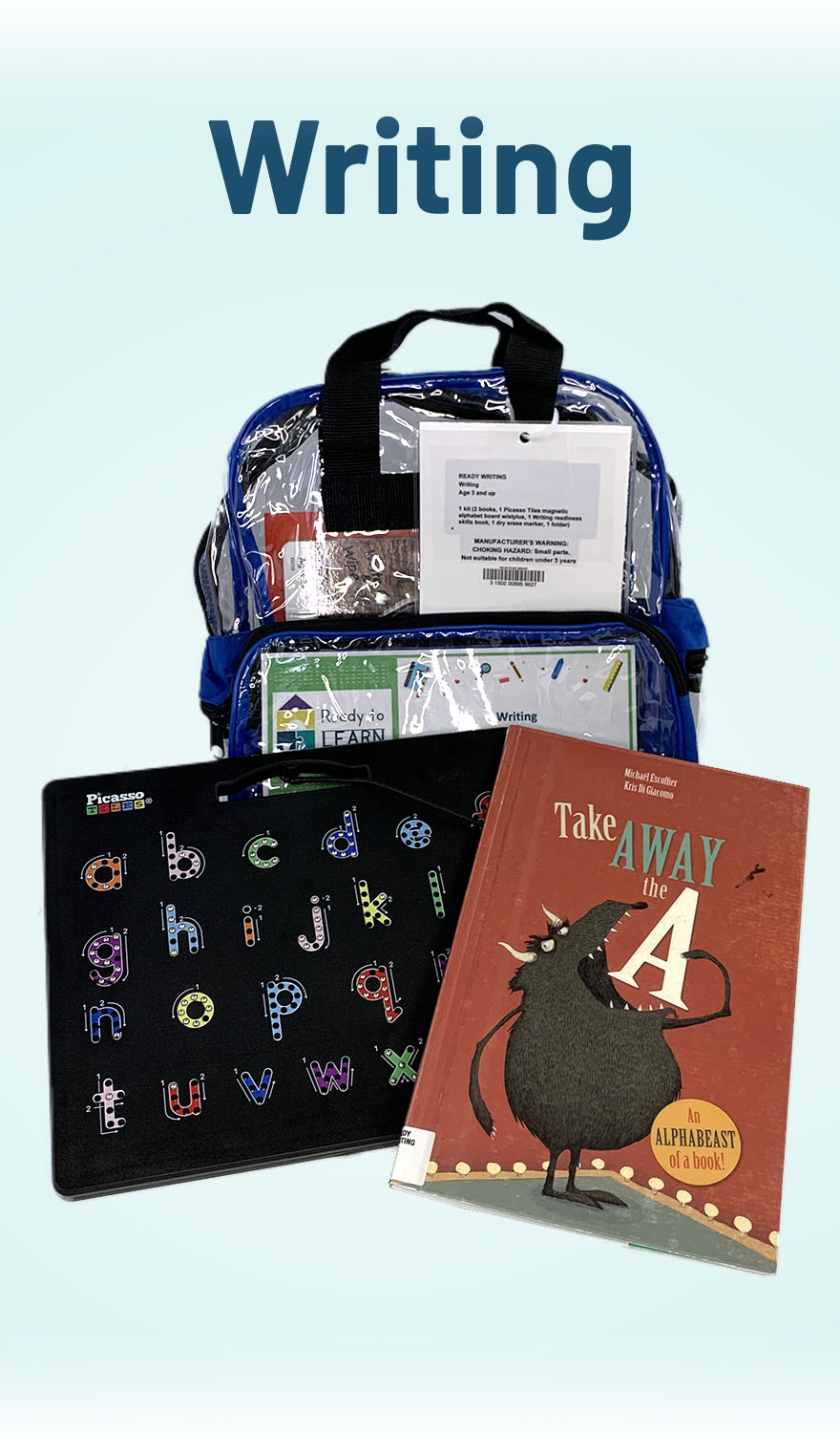 Clear backpack with books and manipulatives around it. 