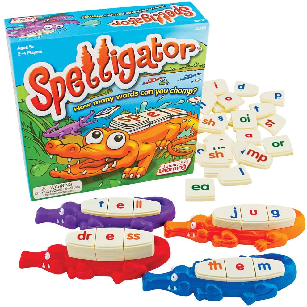 Colorful alligators with letter pieces in front of box