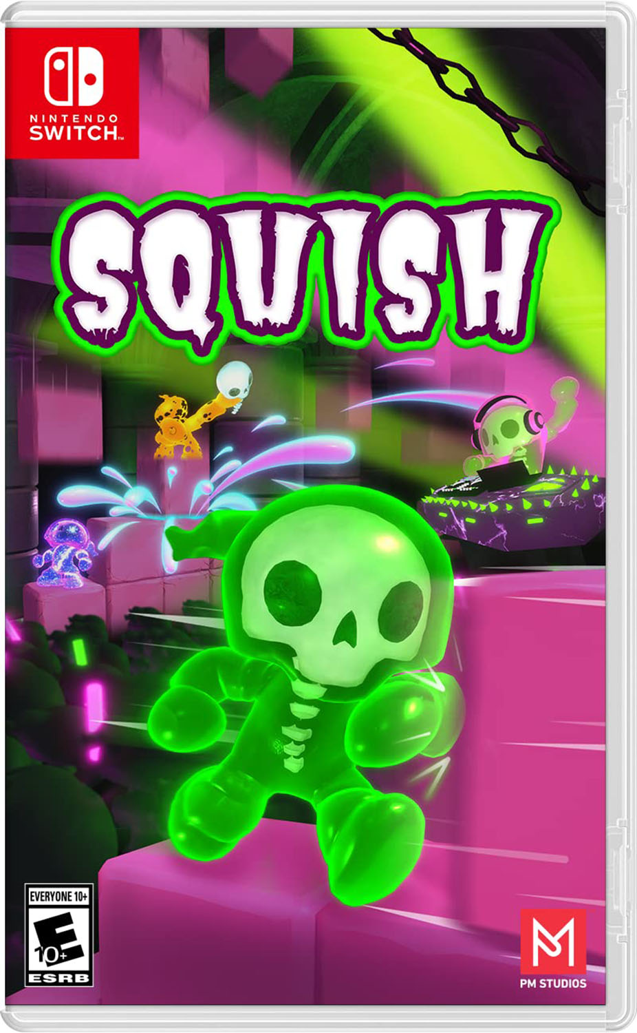 Cover of Squish game with transparent green character running on purple blocks