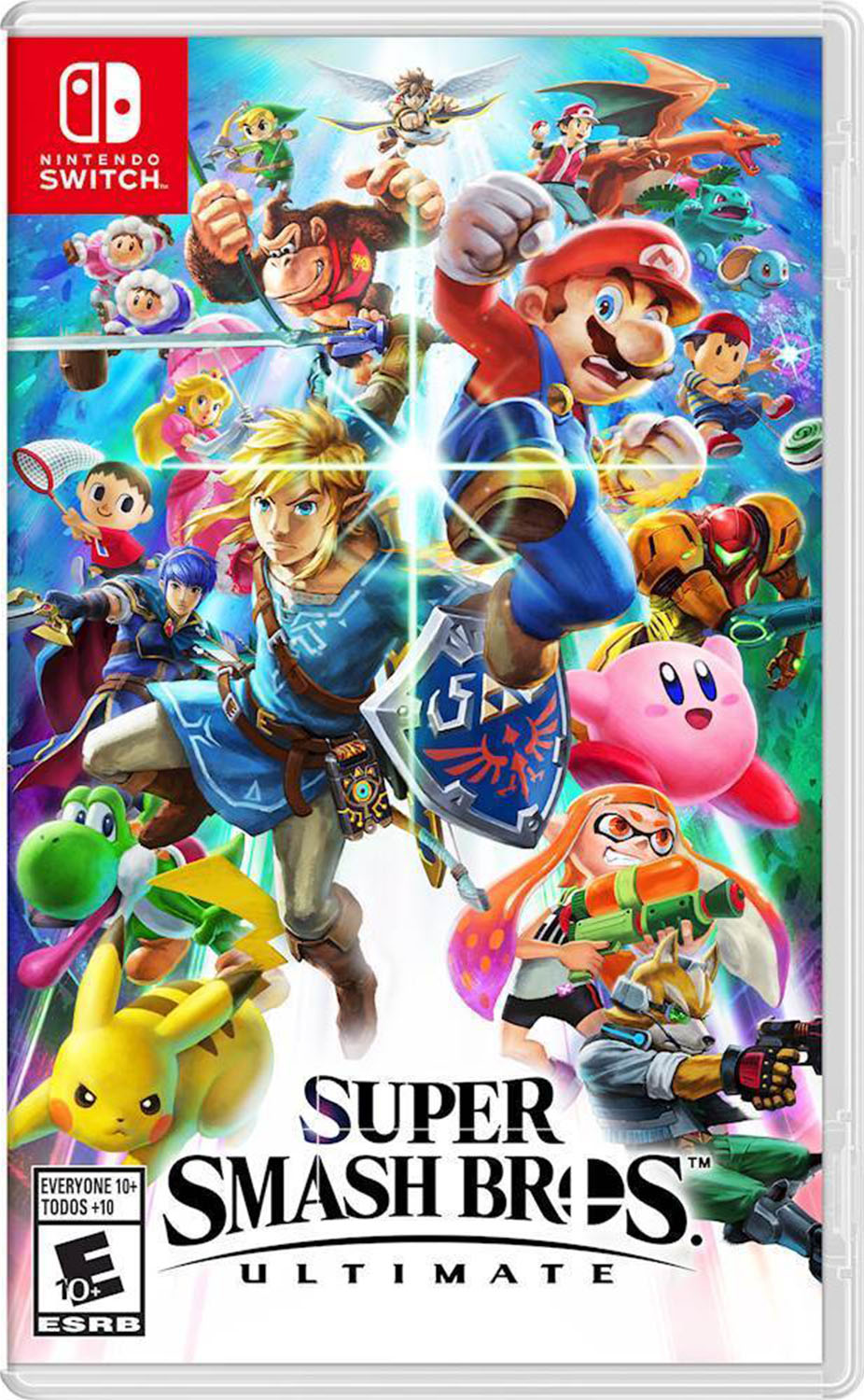 Cover of Super Smash Bros Ultimate with many characters jumping