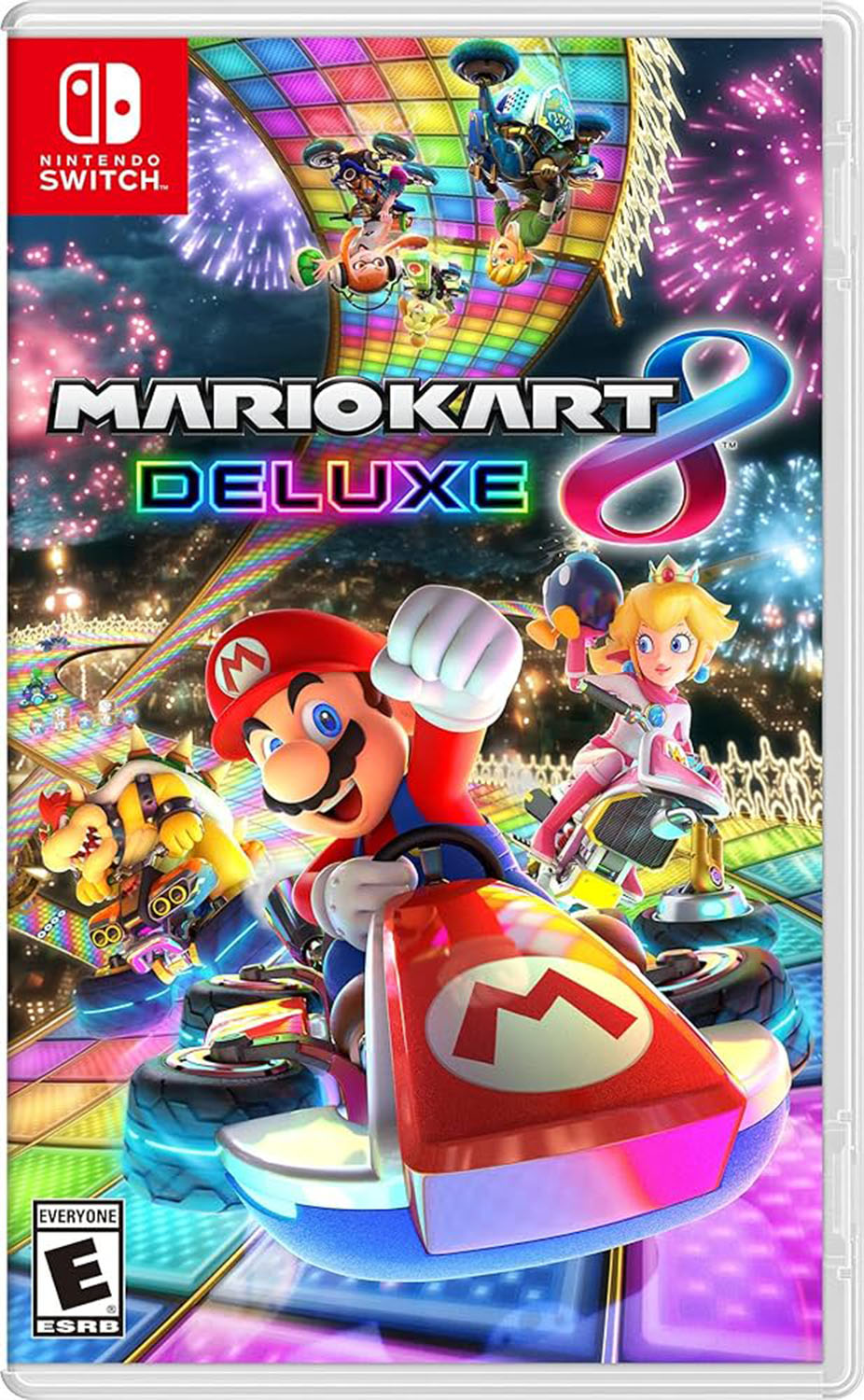 Mario in gokart making a turn on rainbow road