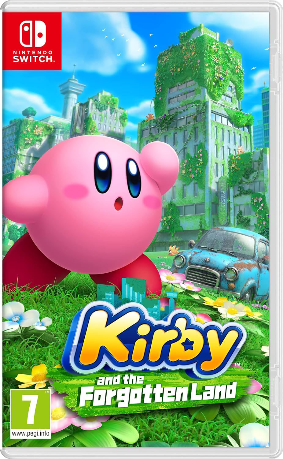 Kirby on grassy land in front of decayed, plant covered buildings