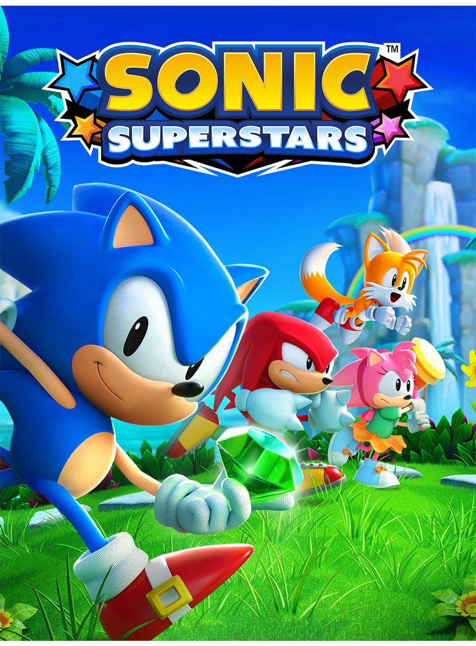 Blue animated hedgehog walks across green grass with teammates in front of a blue sky
