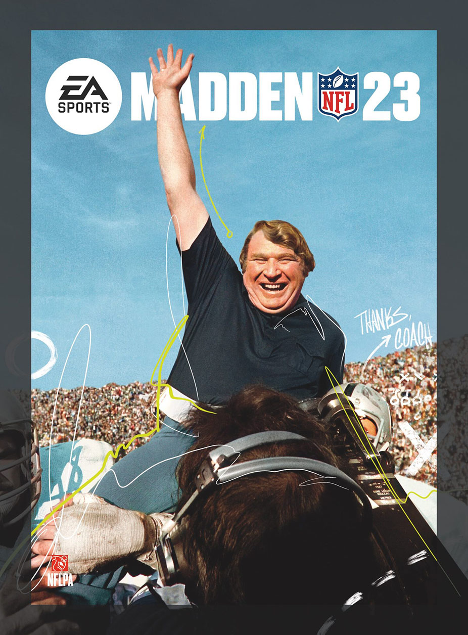 John Madden jumps above players' heads in front of stadium seating full of people