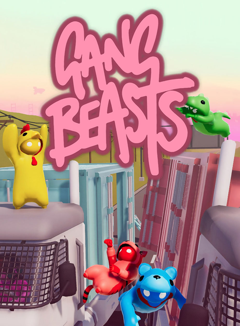 Pink tagging style text reads "Gang Beasts" above blue, red, yellow, and green characters in animal costumes