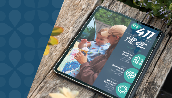 Tablet on a park bench showing the summer 411 newsletter on the screen.