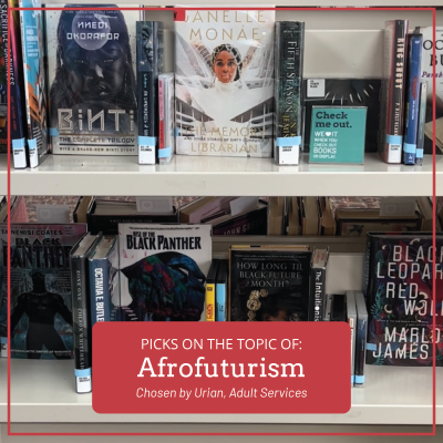 Photo of Afrofuturism books on display at the library