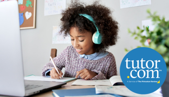 Girl on computer with Tutor.com logo
